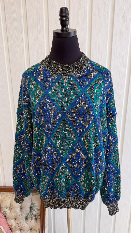 Chandail tricot noir moucheté à losanges bleu- x-large