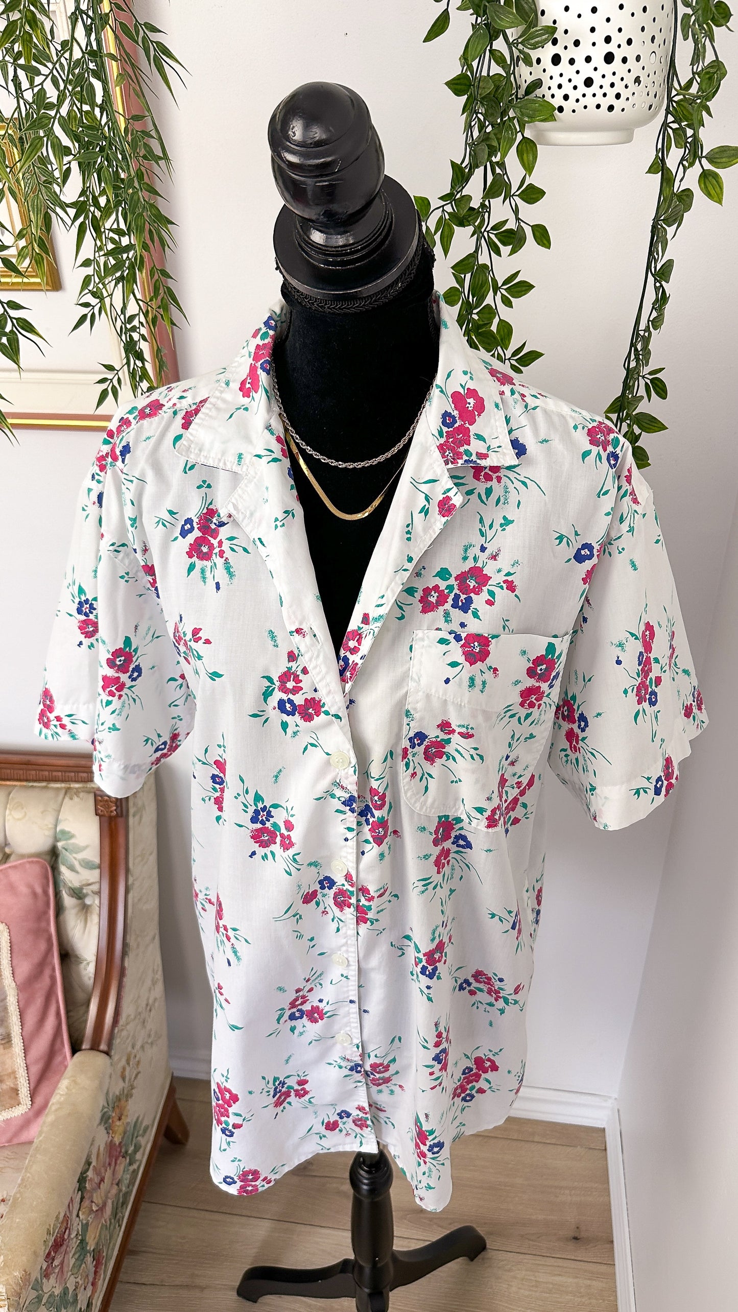 Chemisier blanc fleuris rose - large
