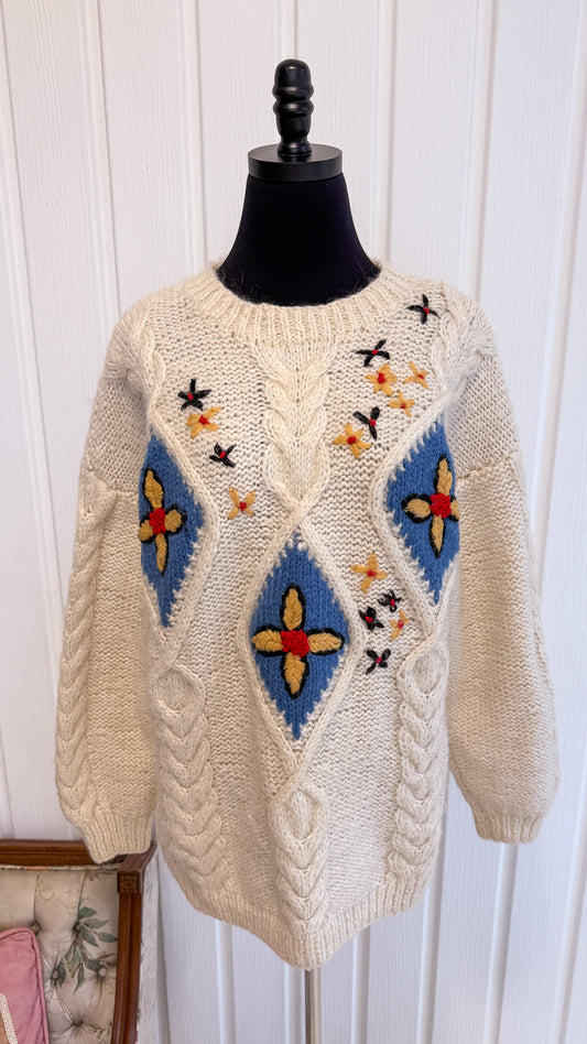 Chandail en tricot beige fleuris- large