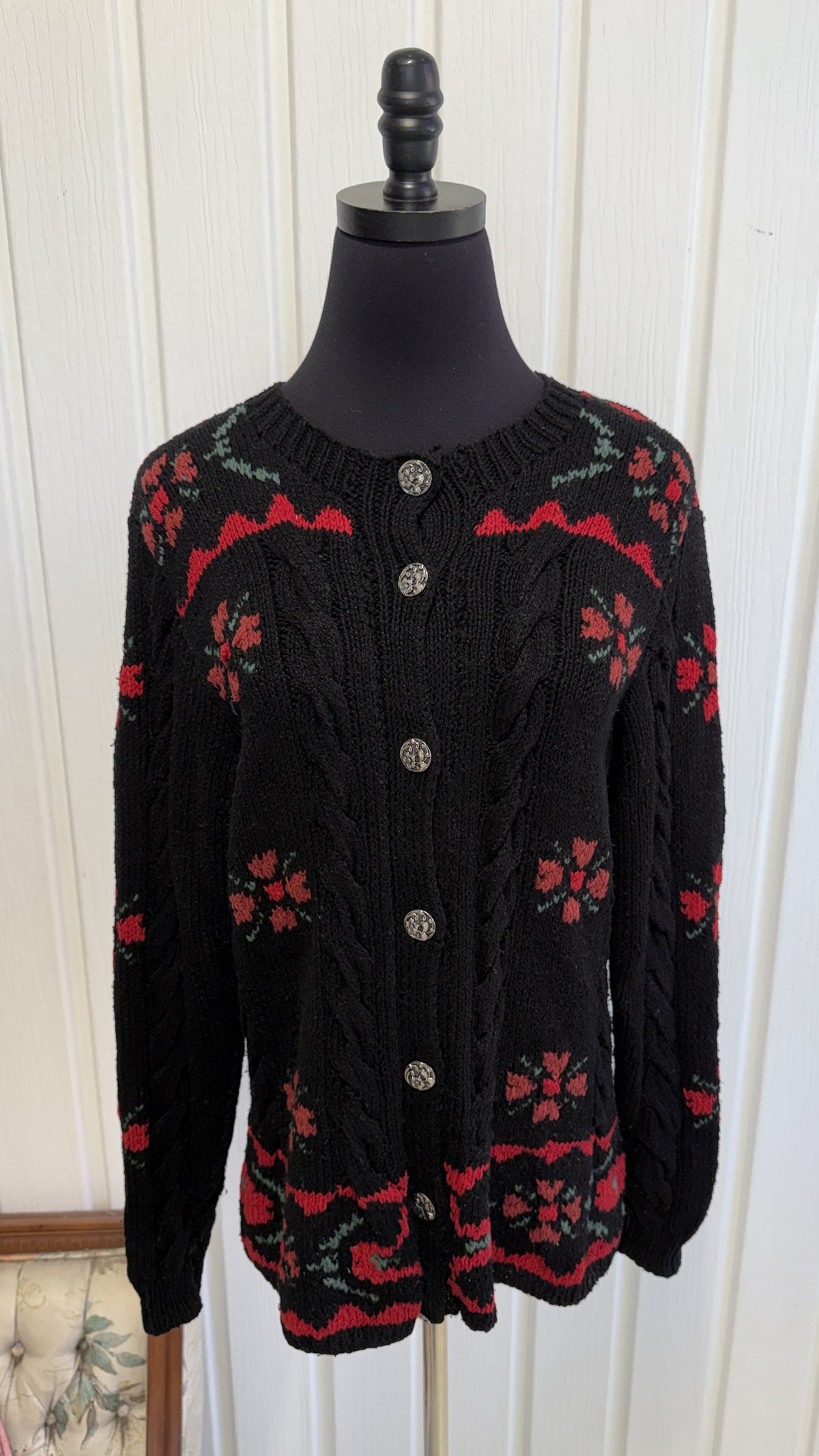 Cardigan tricot noir fleuris- small