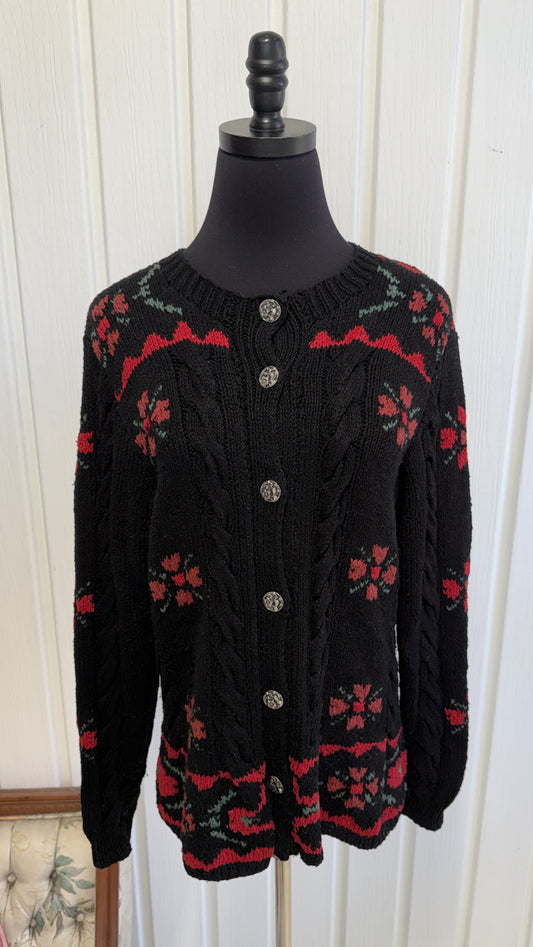 Cardigan tricot noir fleuris- small