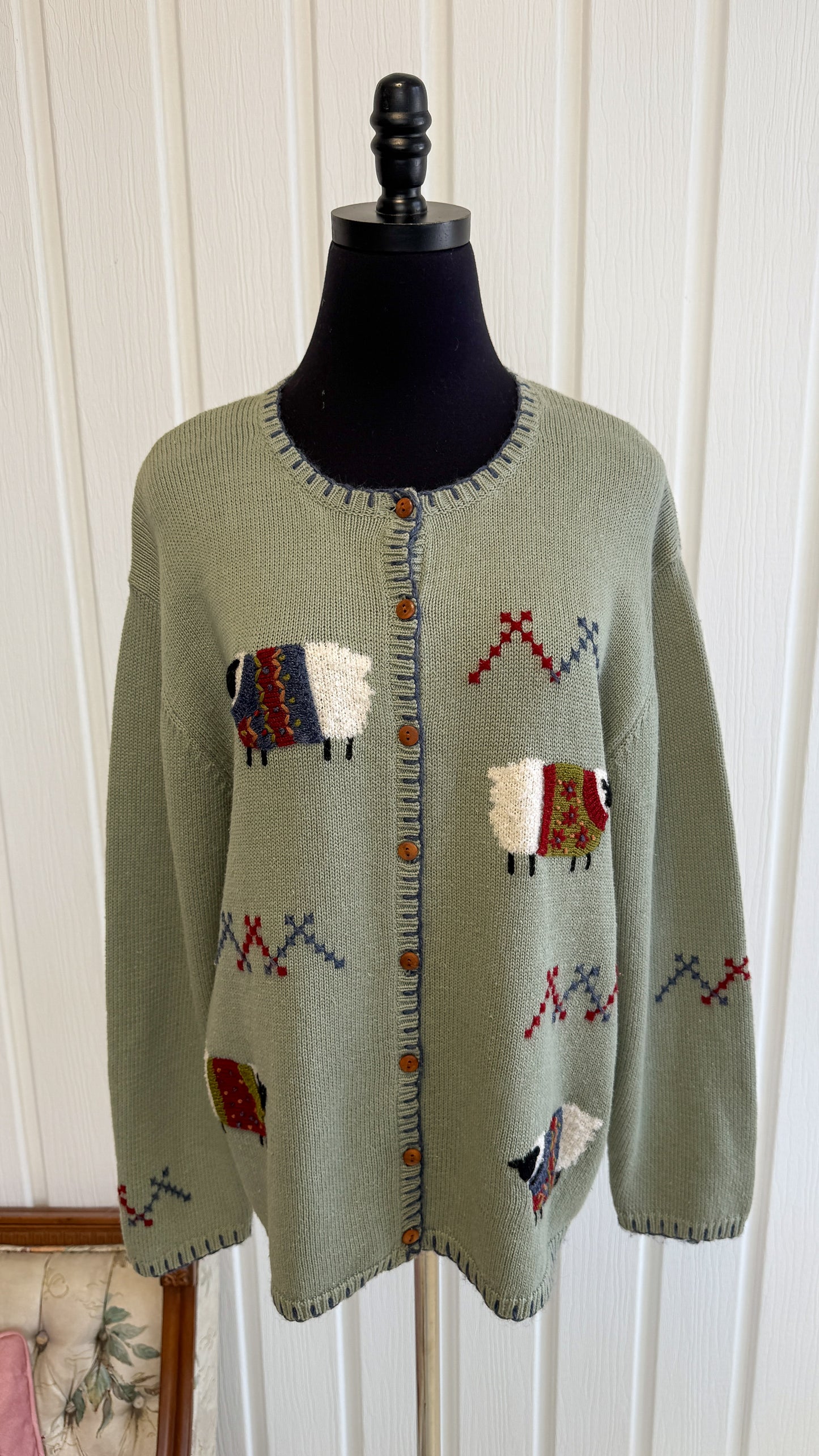 Cardigan tricot vert moutons-large