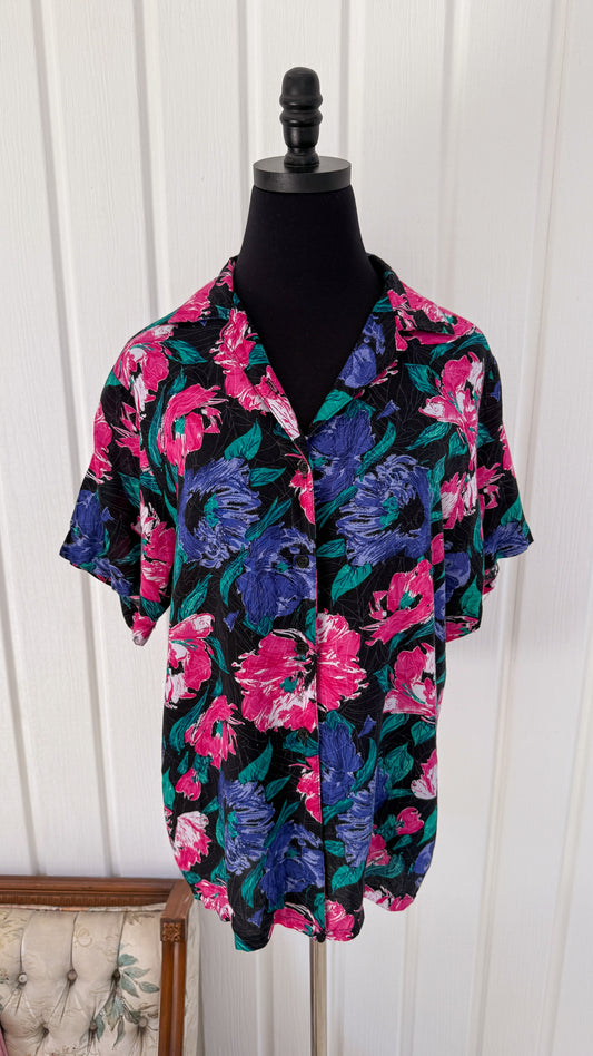 Chemisier noir fleuris rose/mauve- medium