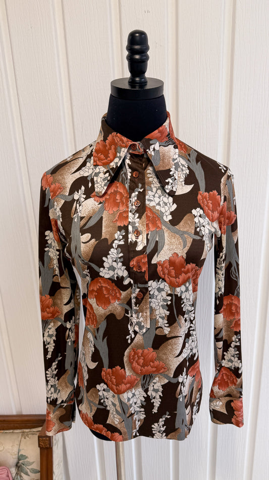 Chemisier brun fleuris 70s- small