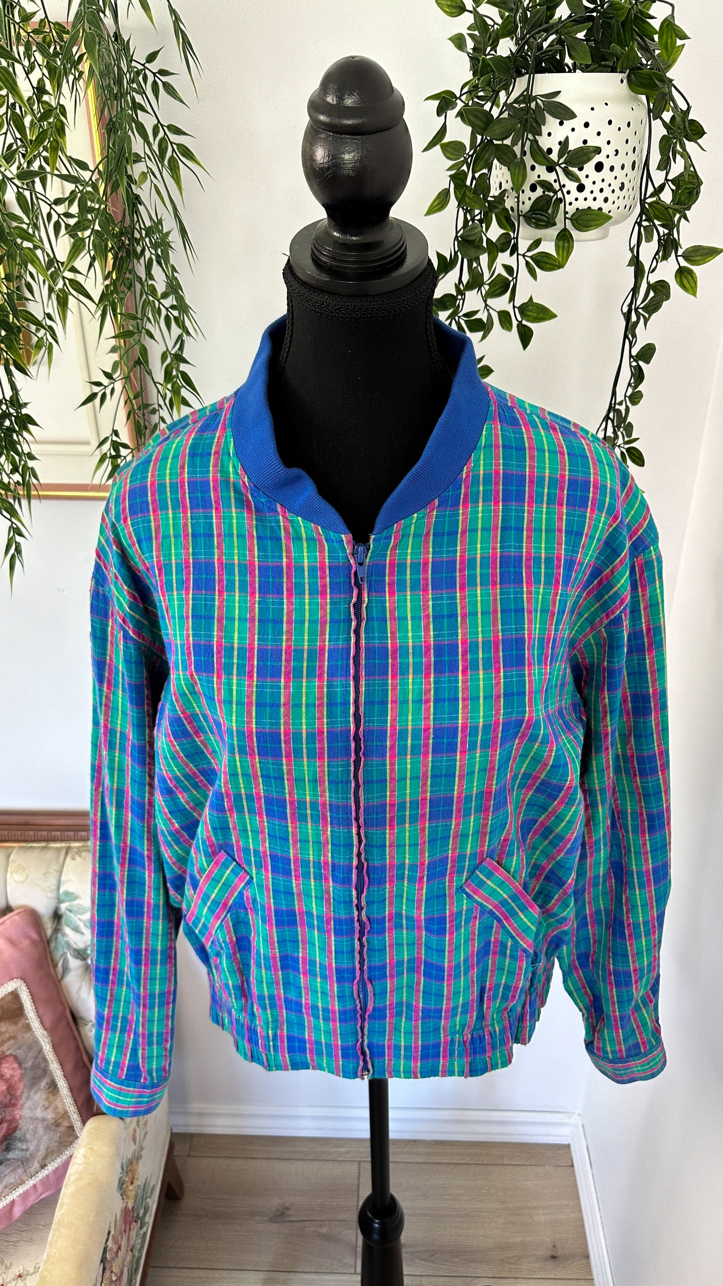 Veste carreauté bleu,vert et rose- medium
