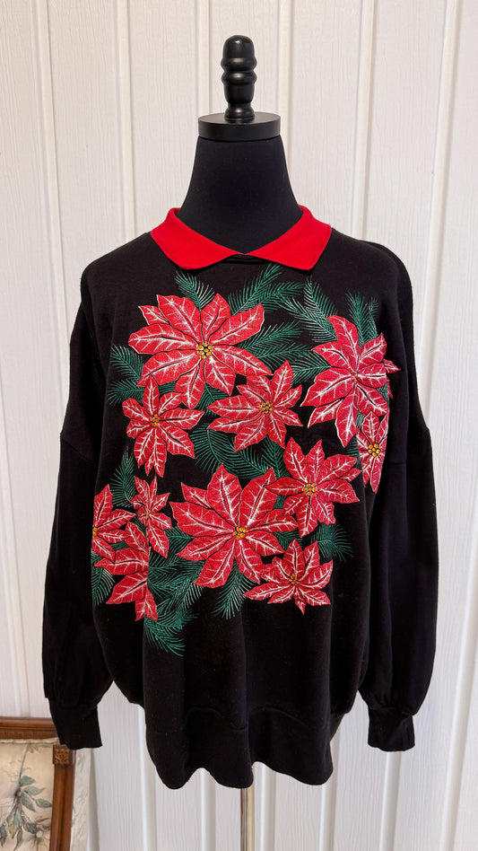 Chandail crewneck noir fleurs de Noël- large