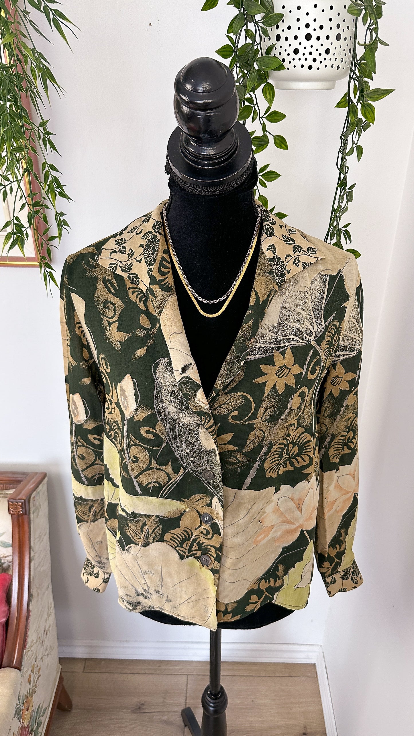 Chemisier fleuris vert et beige- small
