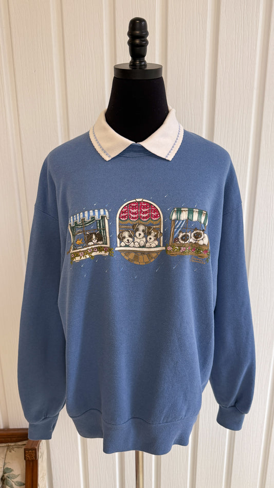 Chandail crewneck bleu poudre chats et chiens- large