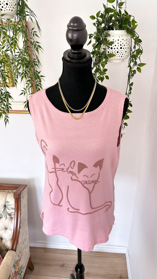 Pink shiny cat print top - small