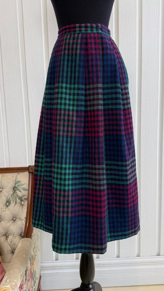 Pink, blue and turquoise checkered wool skirt - small
