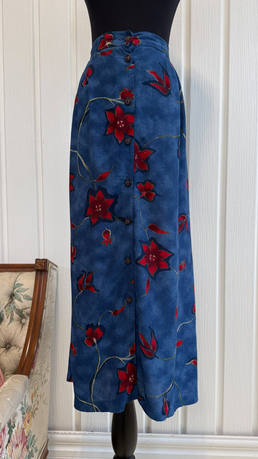 Jupe bleu fleurie rouge- large