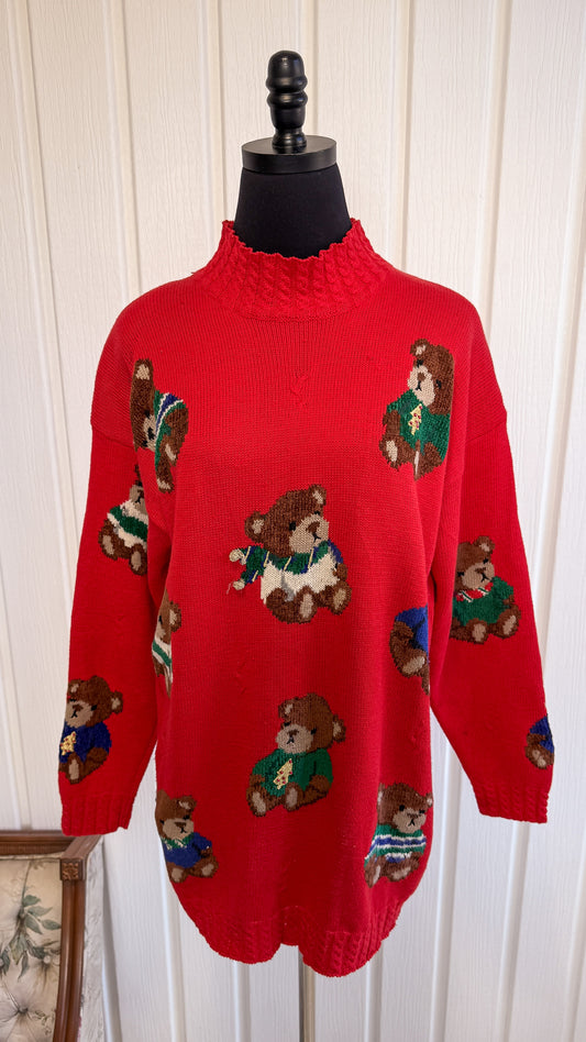 Chandail tricot rouge oursons- large