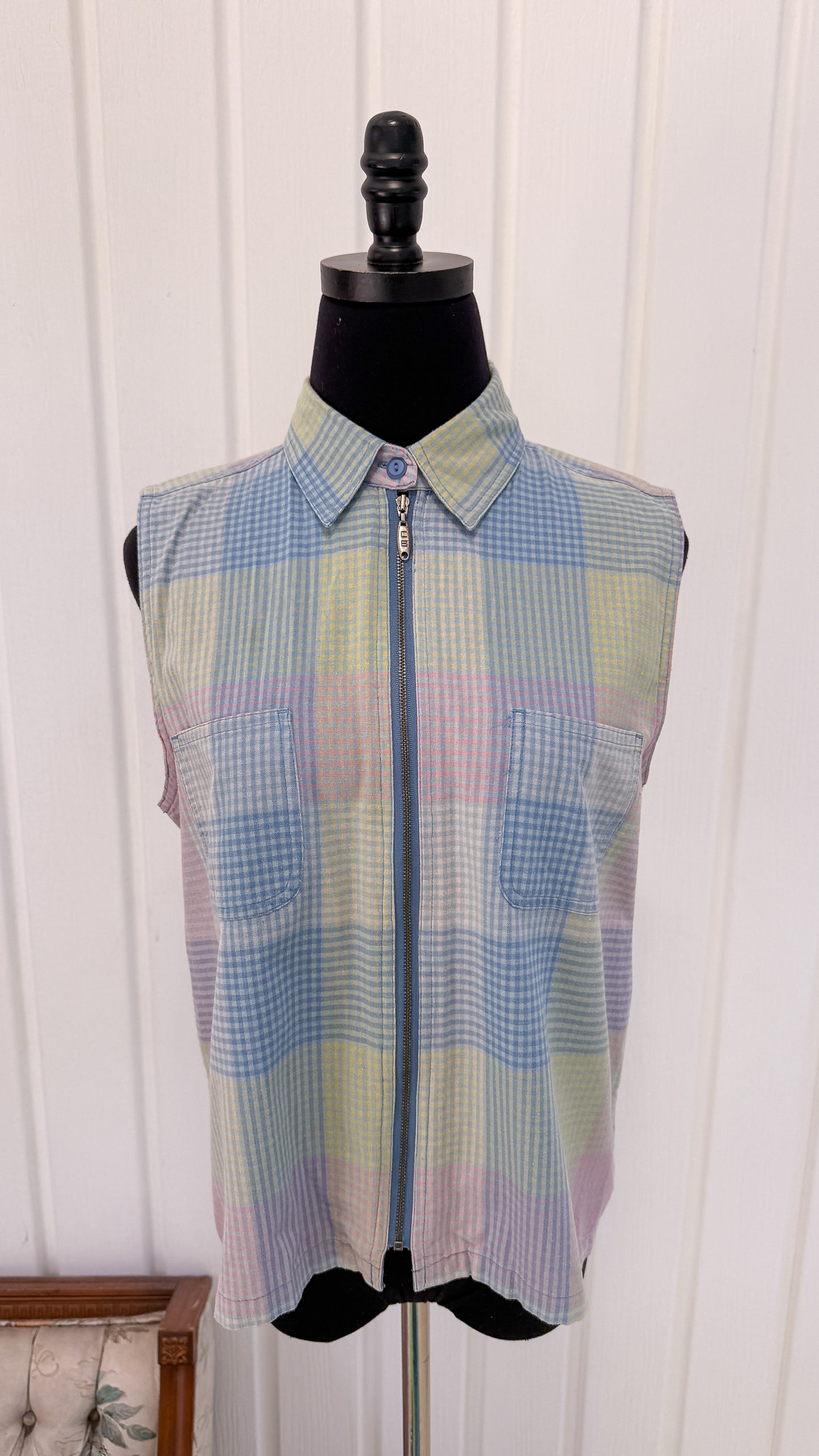 Chemisier carreauté vert, bleu et mauve-medium