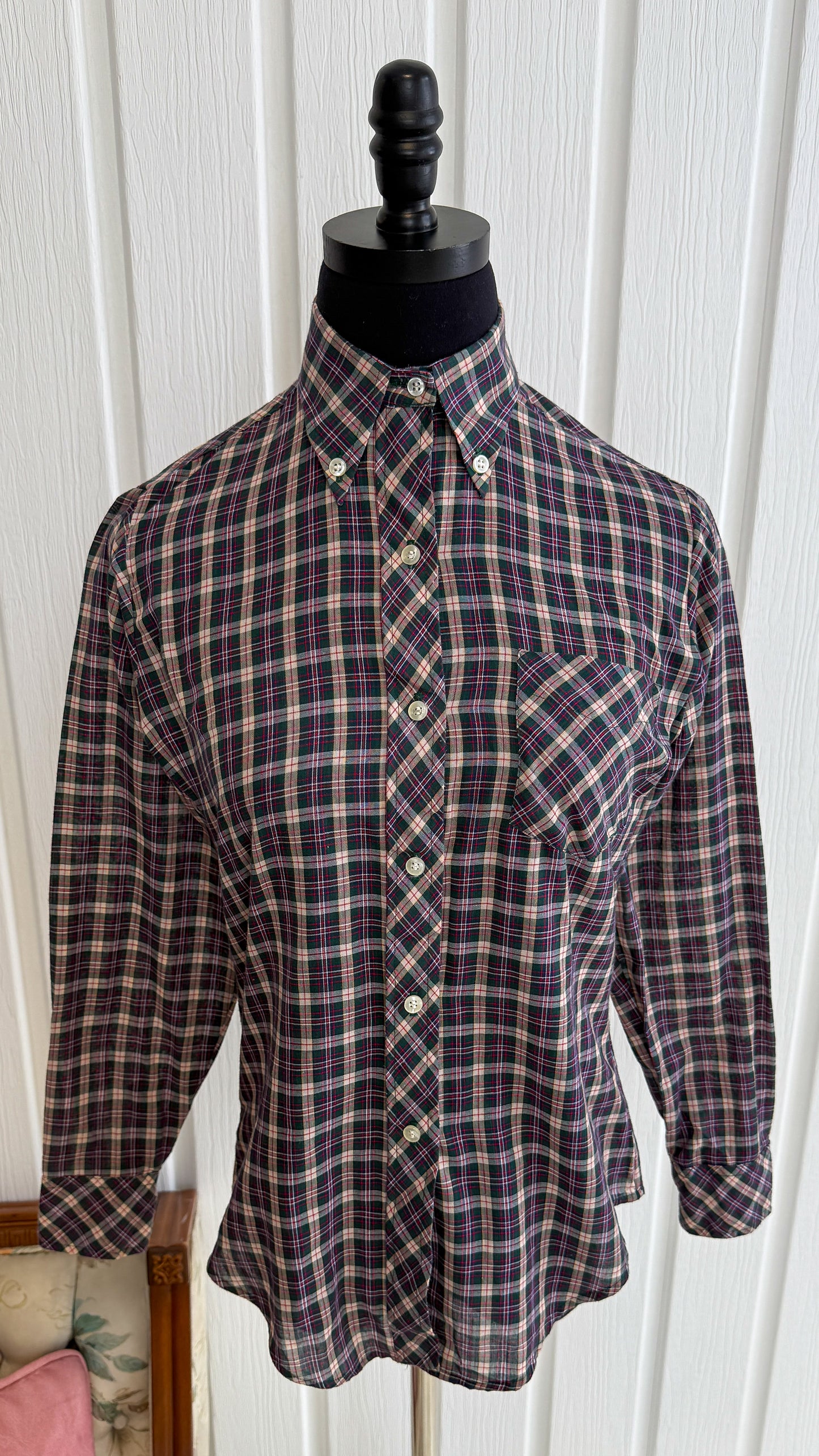 Green, beige, blue and red checkered blouse - small
