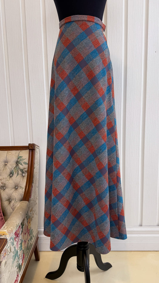 Grey, blue and orange checkered skirt - small