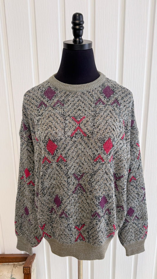 Chandail tricot gris motifs rose et mauve- large