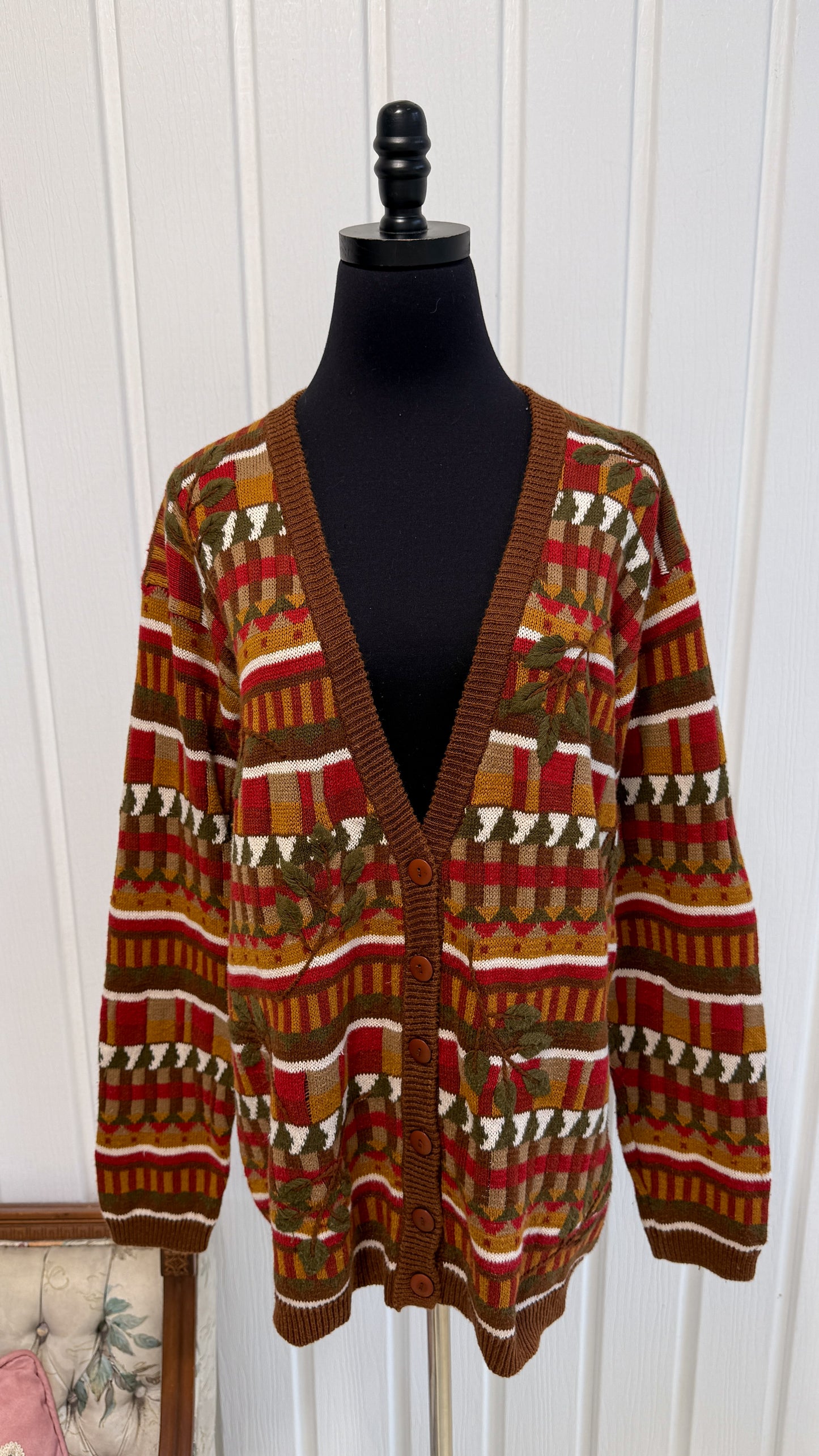 Cardigan tricot brun,jaune et rouge/ medium