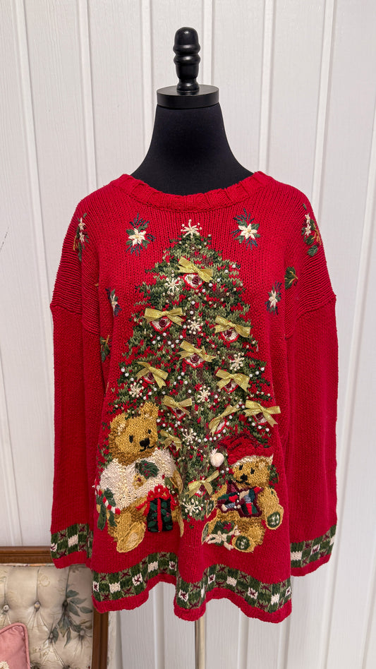 Chandail tricot rouge oursons et sapin- large