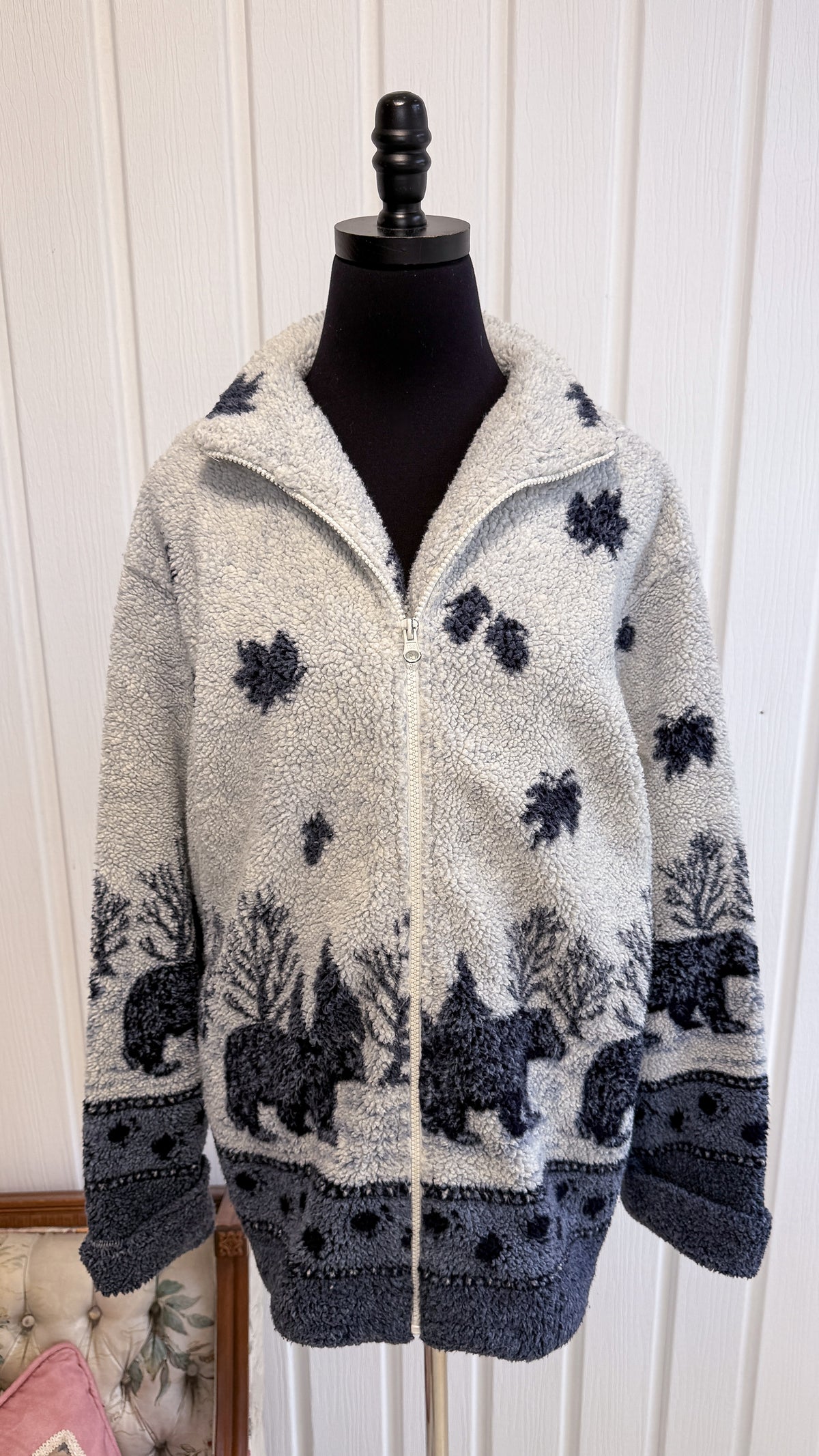 Veste en polar beige et marine ours- medium