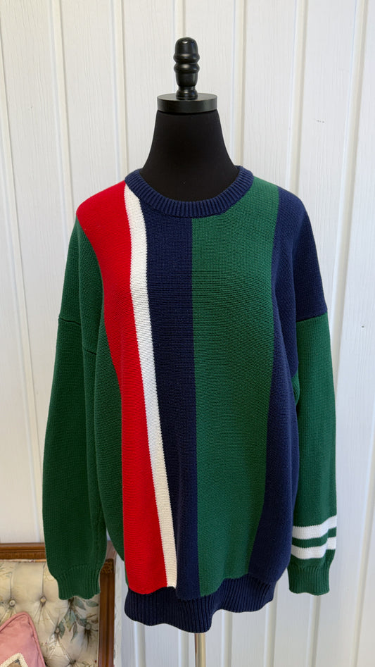Chandail tricot rayé vert,bleu et rouge- x-large