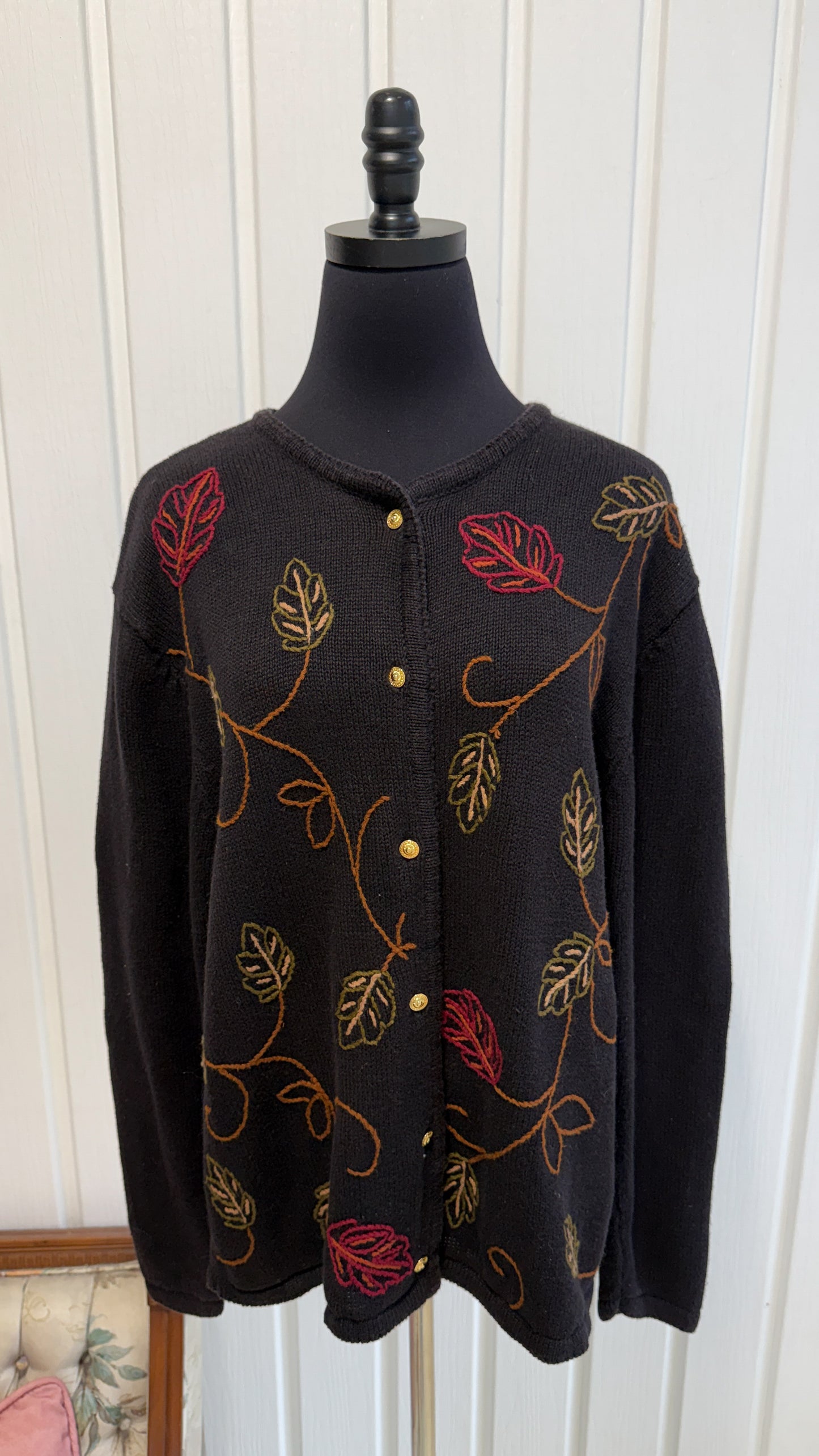 Cardigan tricot noir feuilles- large