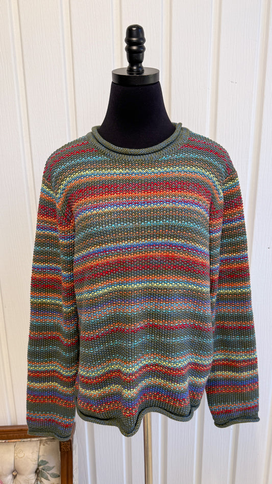 Chandail tricot vert rayé multicolore- medium