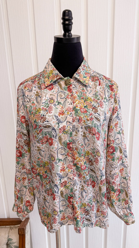 White floral satin blouse - medium