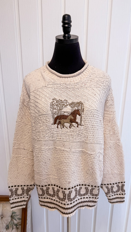 Chandail tricot beige chevaux- x-large