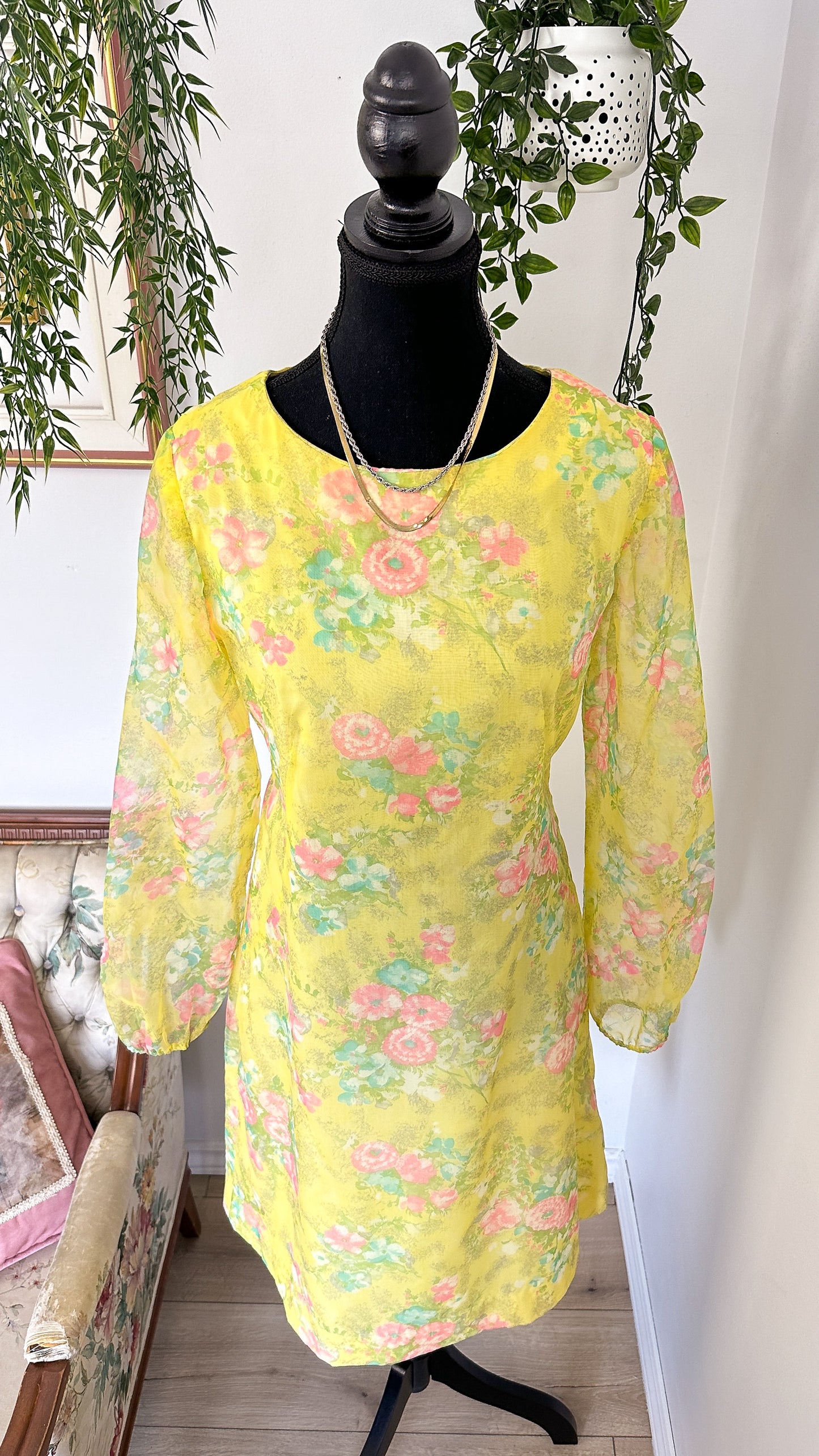 Yellow dress with pink flowers - medium