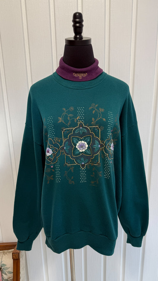 Chandail crewneck turquoise fleuris- large