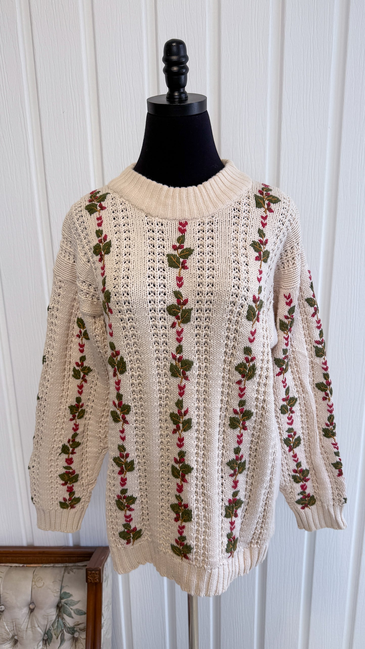 Chandail tricot beige fleuri- medium