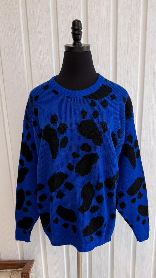Chandail en tricot bleu pattes de chiens- large
