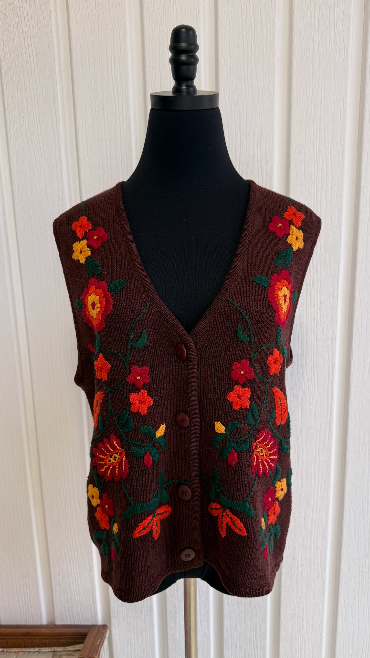 Gilet en tricot brun fleuris- medium
