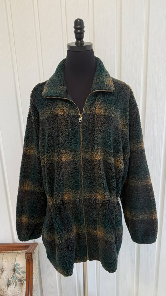 Veste en polar carreaute vert et beige- large