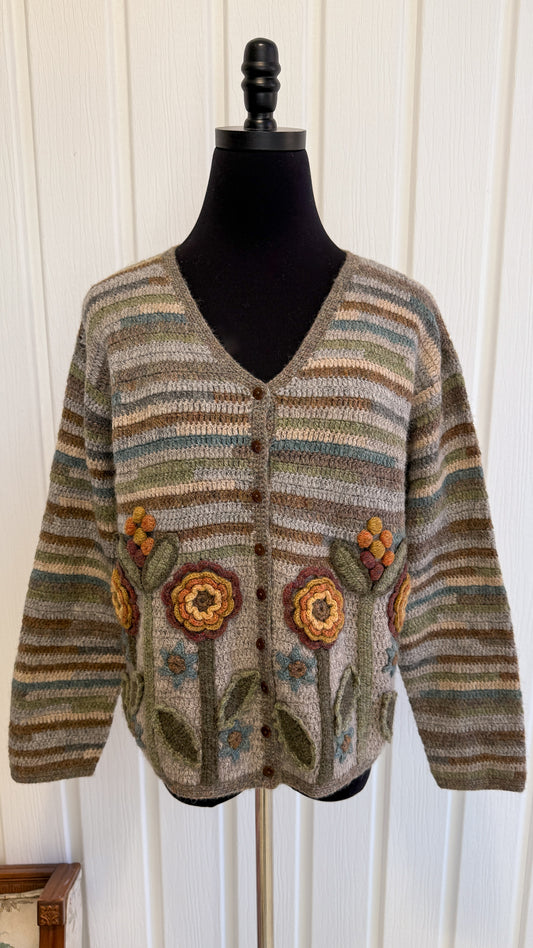 Cardigan en lainage rayé fleuris- small