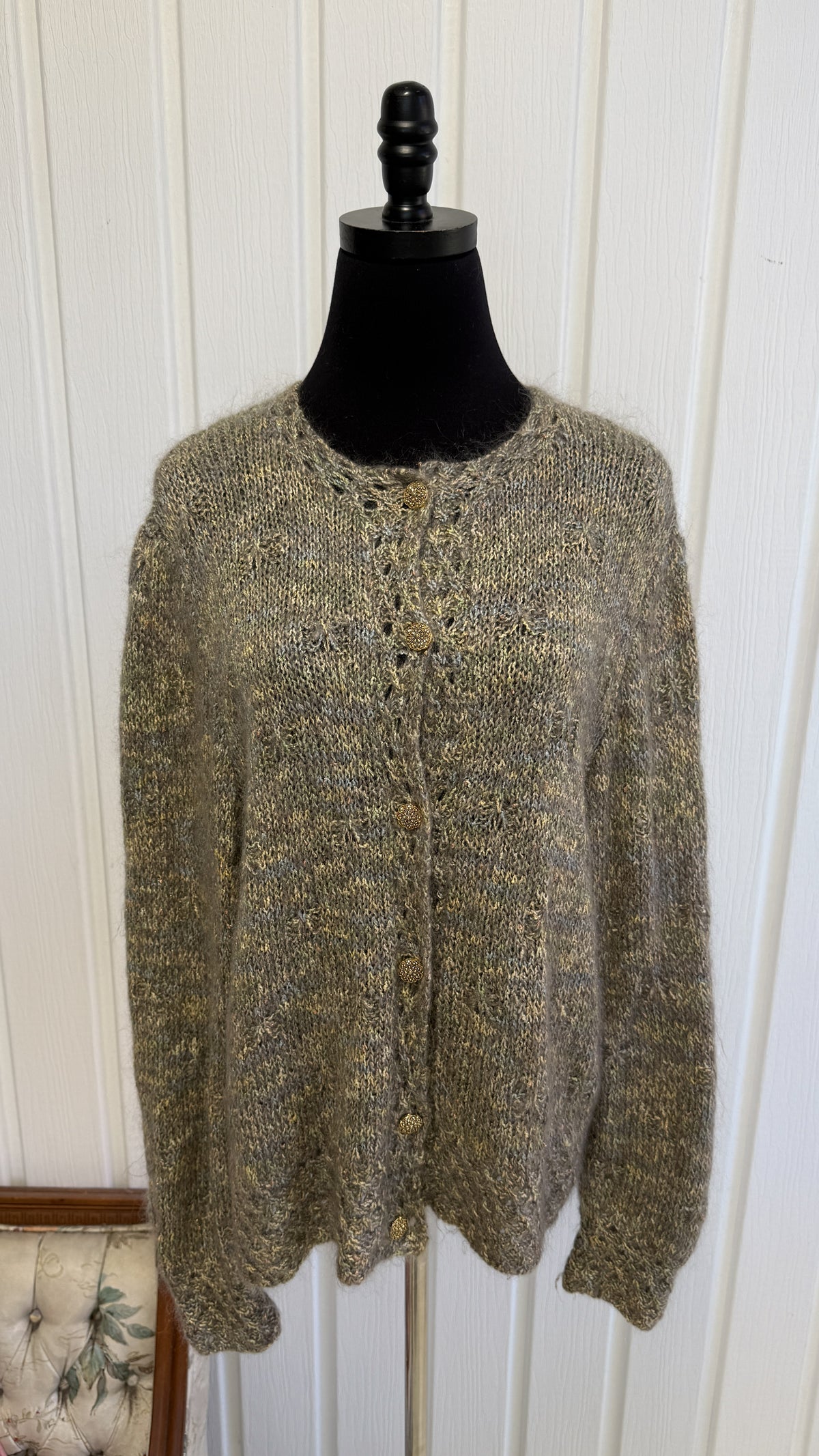 Cardigan tricot mohair vert,bleu et or- medium