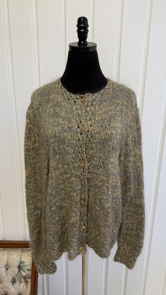 Cardigan tricot mohair vert,bleu et or- medium