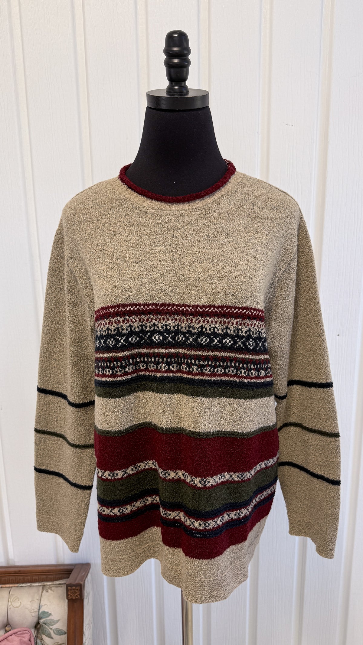 Chandail tricot beige rayé - large