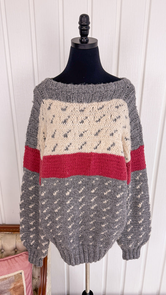 Chandail en tricot gris,beige et rose- large