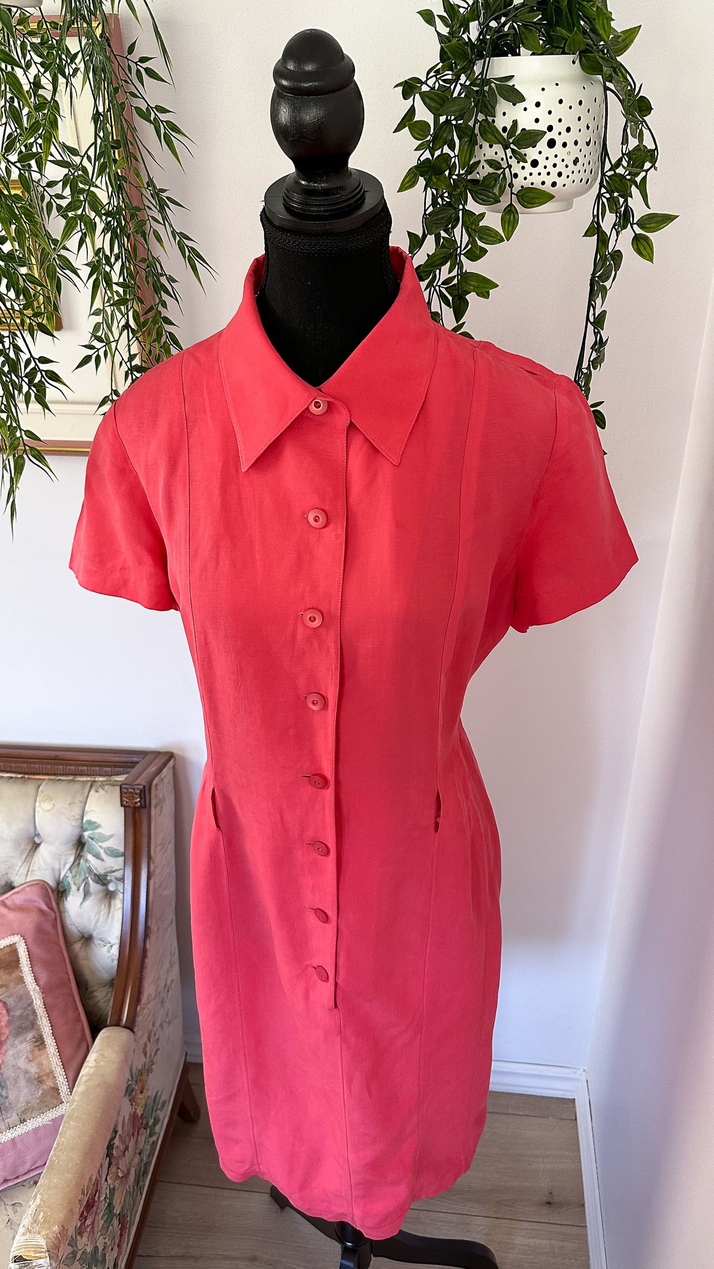 Pink linen and silk shirt dress - large