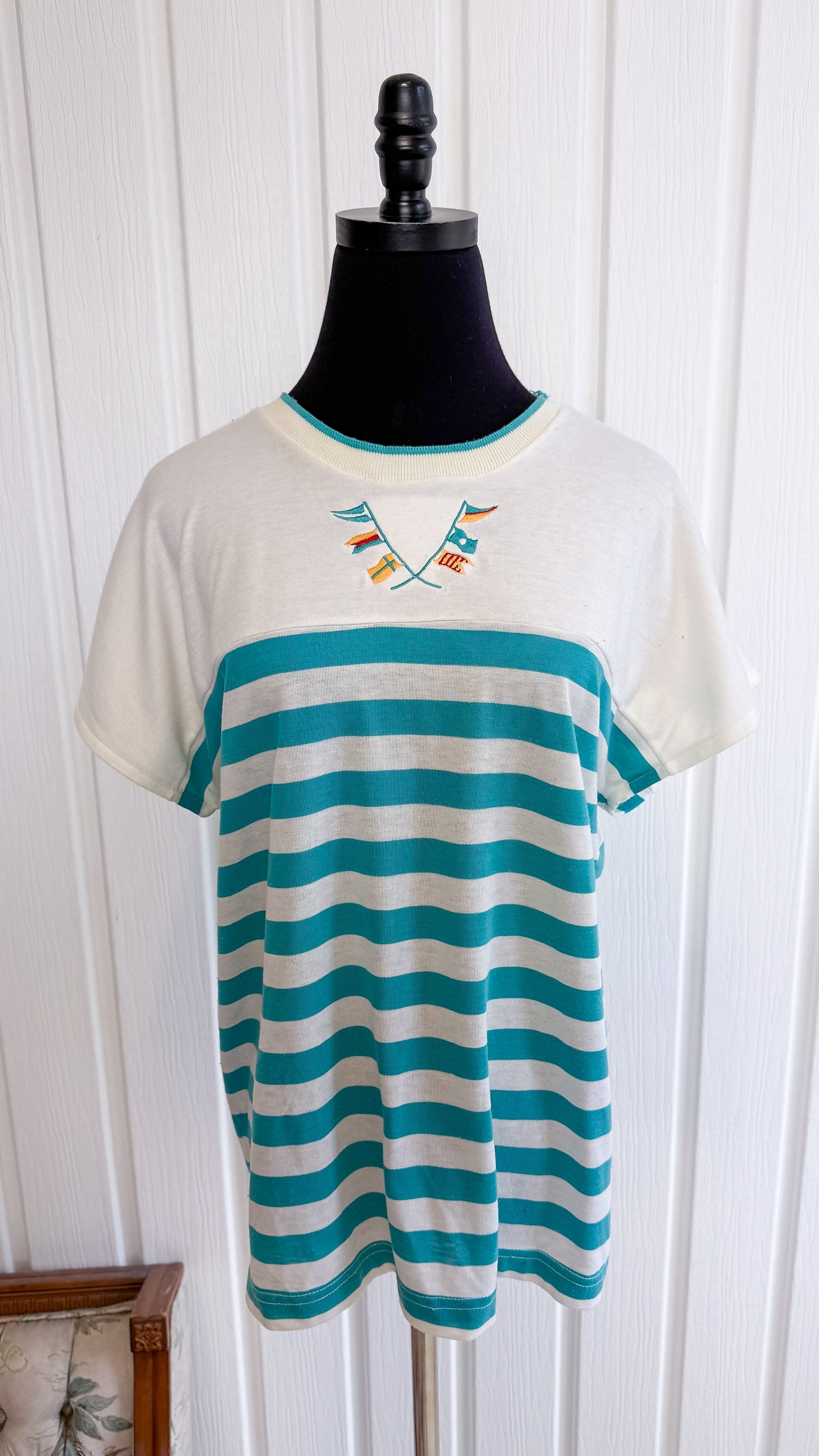 T-shirt blanc rayé turquoise- medium