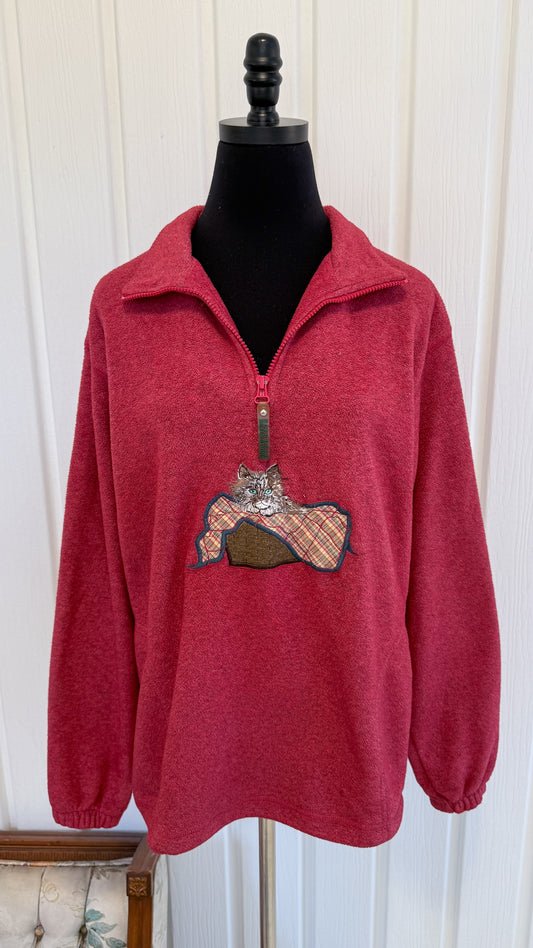 Chandail en polar framboise chat- small