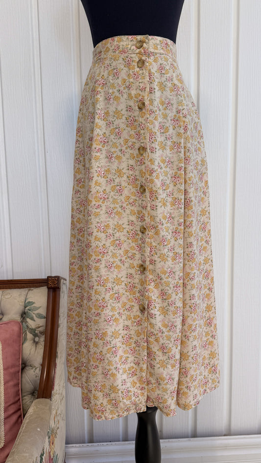 Jupe beige fleurie rose et jaune- medium