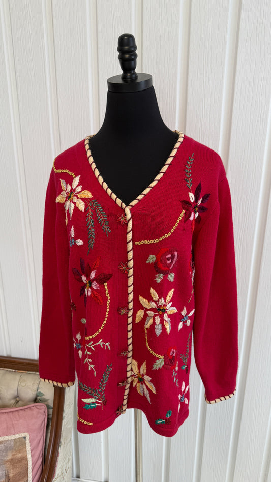 Cardigan tricot rouge brodé fleuris- small