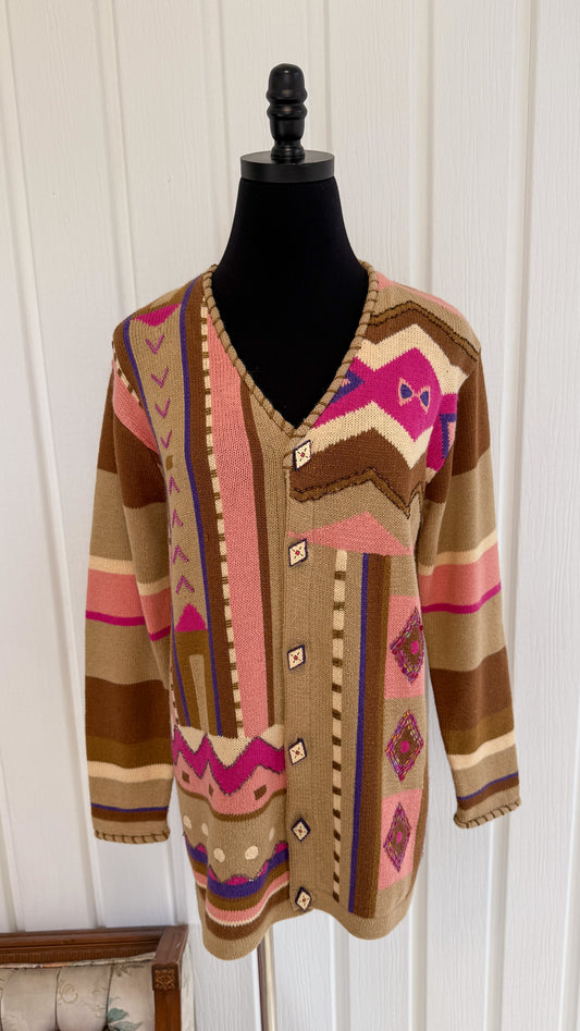 Cardigan tricot beige à motifs géométriques- small