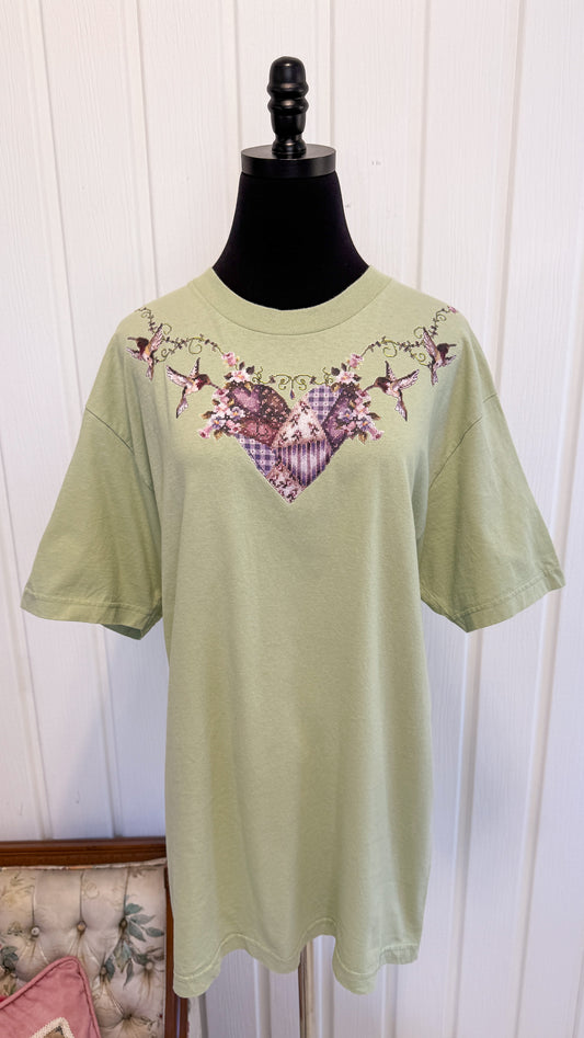 T-shirt vert colibris et coeur- large