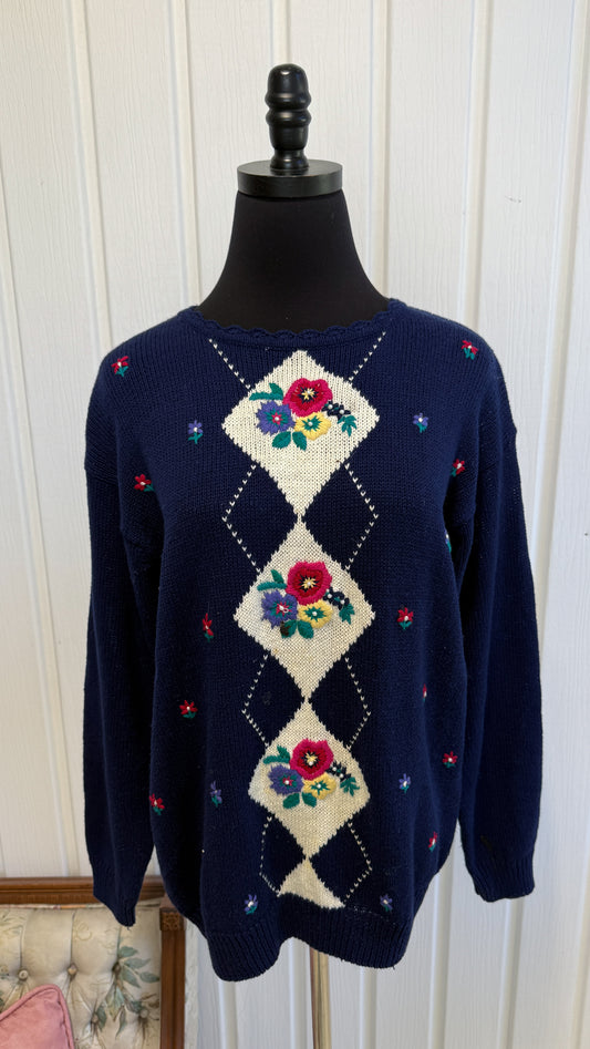 Chandail en tricot bleu fleuris - large