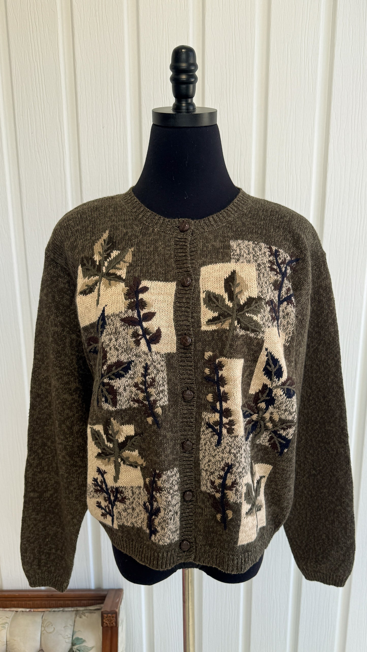 Cardigan tricot vertmotif feuilles- medium