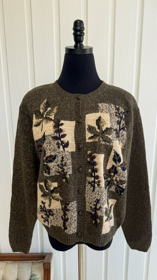 Cardigan tricot vertmotif feuilles- medium