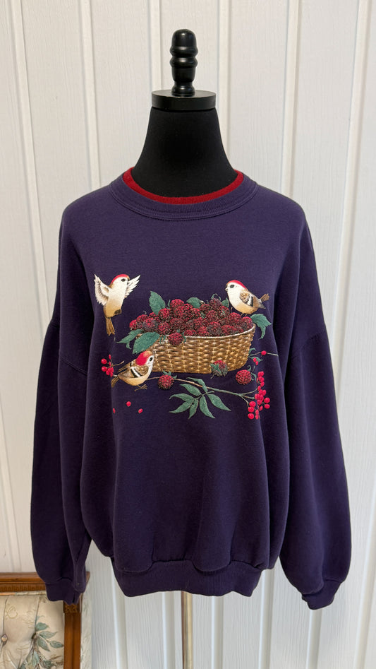 Chandail crewneck mauve oiseaux framboises- x-large